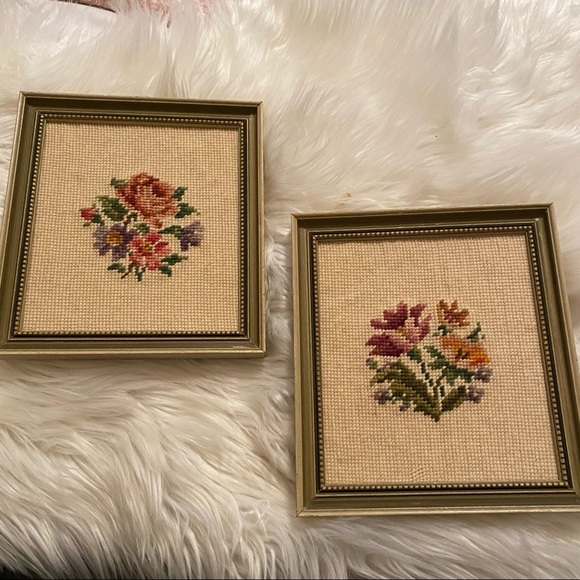 VINTAGE Floral cross stitch needlepoint framed art